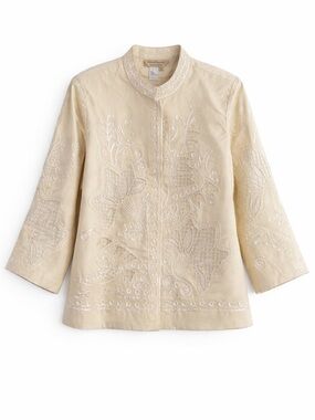 Norm Thompson Silk Embroidered Cut Out Lace Jacket Cream‎ Ivory Mandarin Collar